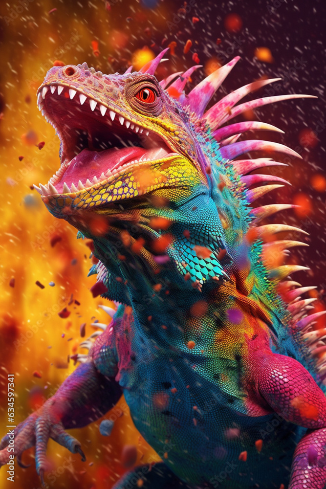 Aufkleber an abstract surreal photograph of a iguana splashed in bright paint, contemporary colors and mood so