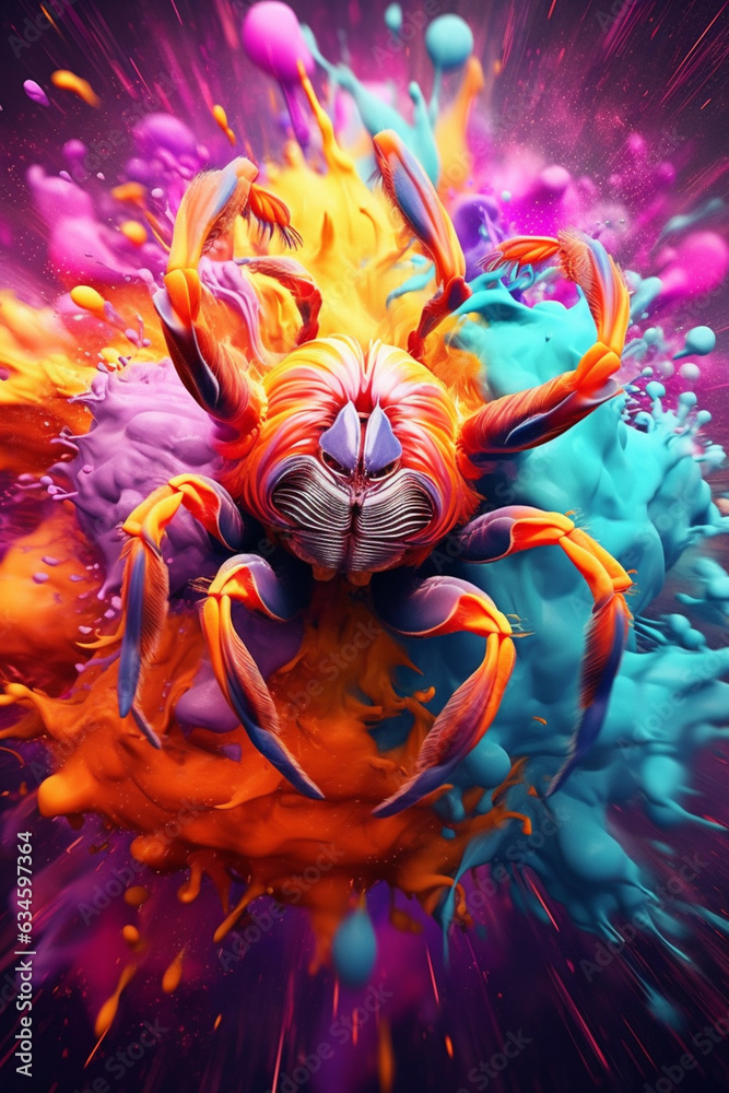 Aufkleber an abstract surreal photograph of a tarantula splashed in bright paint, contemporary colors and mood