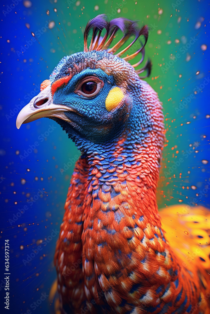 Poster an abstract surreal photograph of a guinea fowl splashed in bright paint, contemporary colors and mo