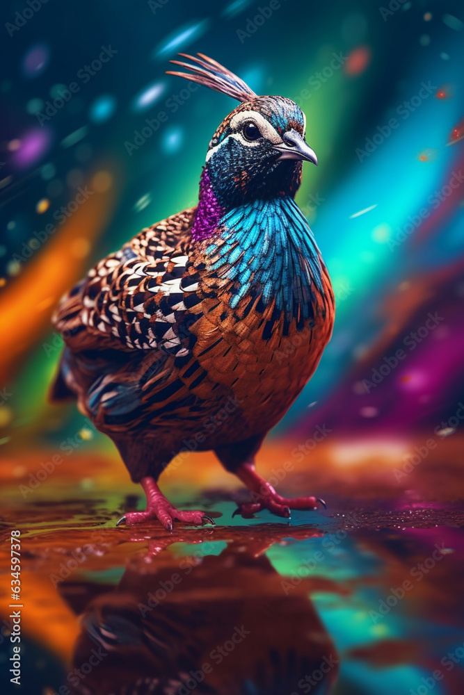 Poster An abstract surreal photograph of a Quail splashed in bright paint, contemporary colors and mood social background.  Generative AI technology.