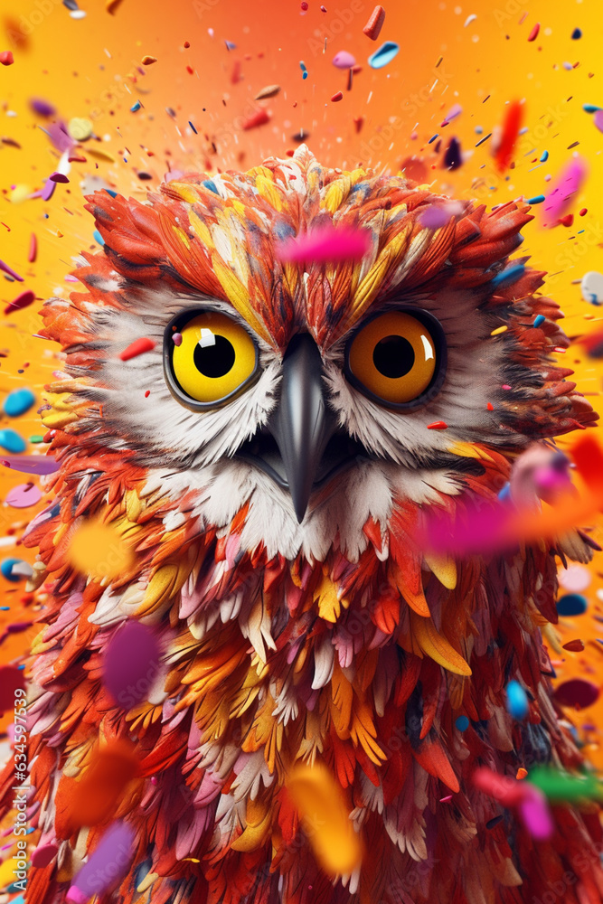 Poster an abstract surreal photograph of a owl splashed in bright paint, contemporary colors and mood socia