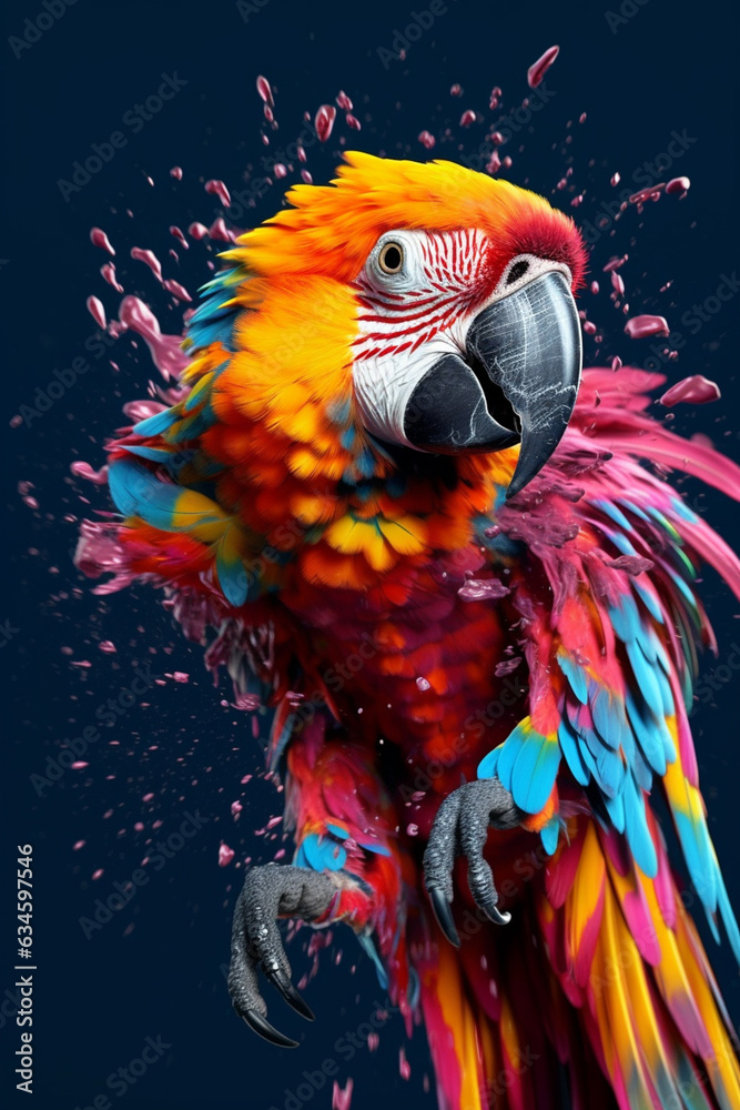 Poster an abstract surreal photograph of a parrot splashed in bright paint, contemporary colors and mood so