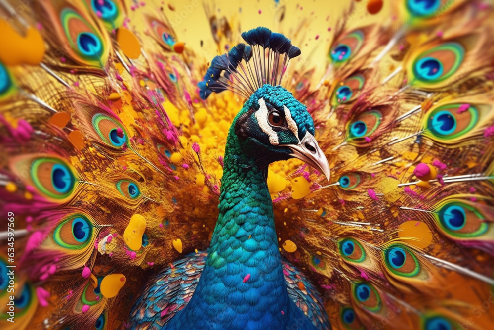 Poster an abstract surreal photograph of a peacock splashed in bright paint, contemporary colors and mood s