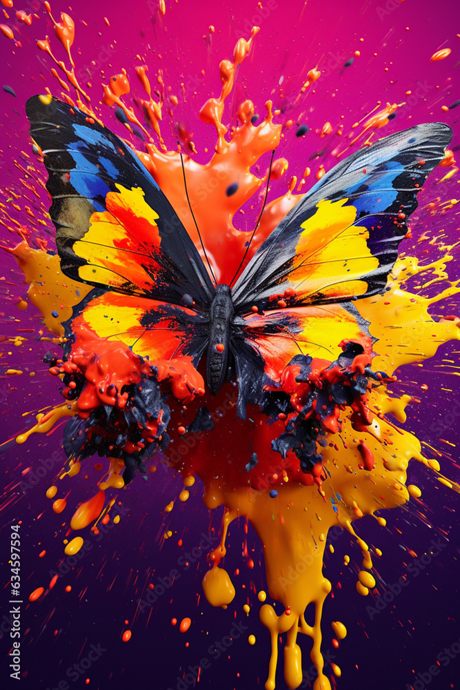 Aufkleber An abstract surreal photograph of a Butterfly splashed in bright paint, contemporary colors and mood social background.  Generative AI technology.