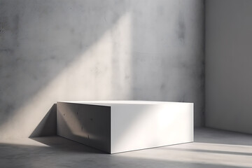 Minimal white square concrete podium in sunlight, shadow on gray cement texture corner wall loft style for modern luxury beauty, cosmetic, organic, fashion product display background. Ai Generative