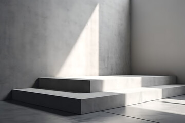 Minimal white square concrete podium in sunlight, shadow on gray cement texture corner wall loft style for modern luxury beauty, cosmetic, organic, fashion product display background. Ai Generative