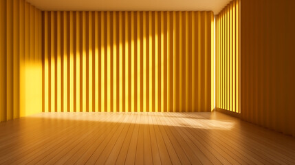 Modern bright vibrant yellow corrugated wall, brown wood parquet floor in sunlight. Ai Generative