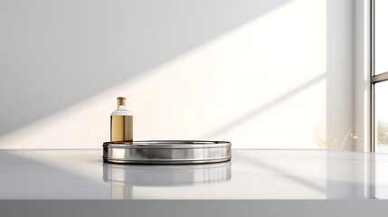 Luxury silver top counter table, bronze stand with round side in sunlight on white wall for luxury beauty. Ai Generative