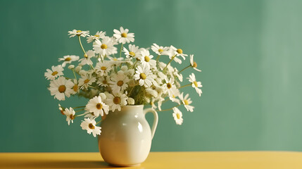 A jug with white daisies on a pastel background close-up. Ai Generative