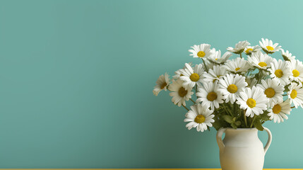 A jug with white daisies on a pastel background close-up. Ai Generative