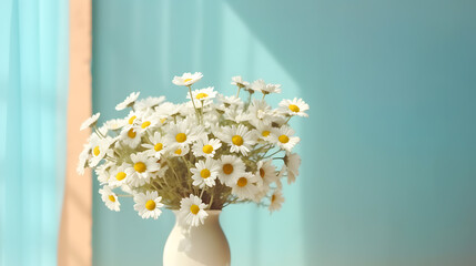 A jug with white daisies on a pastel background close-up. Ai Generative