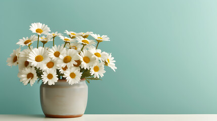 A jug with white daisies on a pastel background close-up. Ai Generative