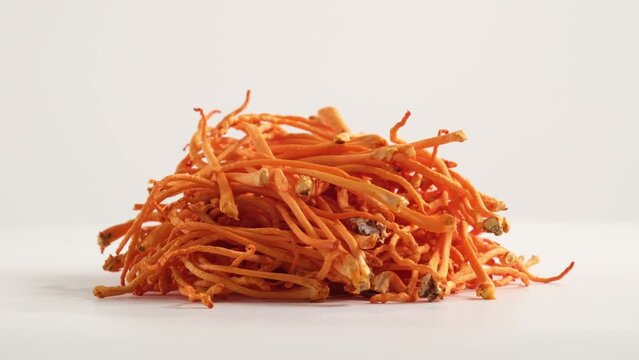 Cordyceps fibers are displayed on a white background turntable and rotate in slow motion. Scenes for commercials. Mushroom parasite cordyceps, yarsagumba. Chinese and Tibetan folk medicine.
