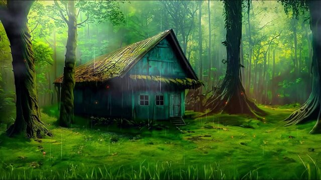 Old house in the middle of the forest when it rains with fog, 4k quality repeating video