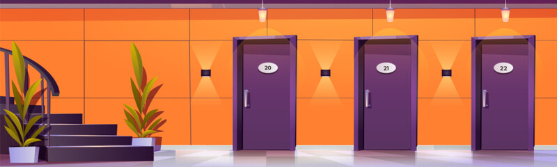 Hotel corridor with closed doors. Vector cartoon illustration of hallway interior design, entrances to motel rooms, apartments, school classrooms, hospital wards, staircase, modern office building