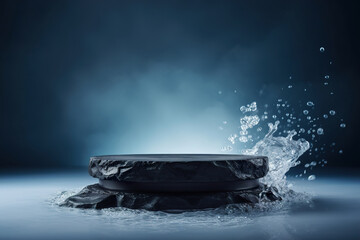 Black stone podium with water splash. Mock up for product, cosmetic presentation. Pedestal, platform for beauty products. Empty scene. Stage, display, showcase. Podium with copy space. Generative AI. - obrazy, fototapety, plakaty