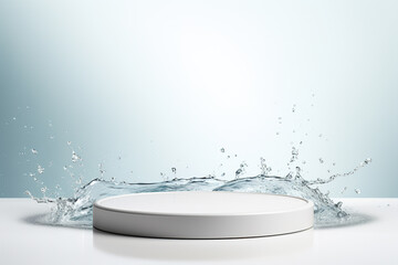 Podium with water splash. Mock up for product, cosmetic presentation. Pedestal or platform for beauty products. Empty scene. Stage, display, showcase. Podium with copy space. Generative AI.