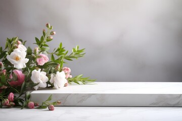 Podium with beautiful flowers. Mock up for product, cosmetic presentation. Pedestal or platform for beauty products. Empty scene. Stage, display, showcase. Podium with copy space. Generative AI.