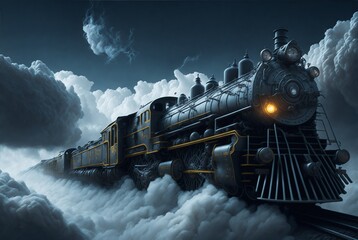 steam train in the mountains and clouds. Ai Generated
