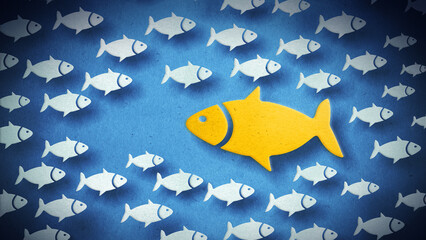 Yellow big fish swimming through the opposite direction. 3D illustration