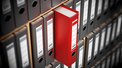 Red folder standing out among black ones inside wooden shelves. 3D illustration - obrazy, fototapety, plakaty