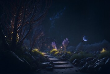 Cute sky and stars, garden in the background isolated with dark background.