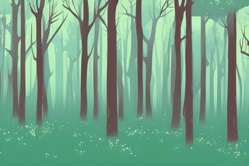 Magical forest covered in mist in the morning light. Digital illustration. Kids Cartoon Backgrounds. Children Story Book illustration. 2d illustration. Generative AI