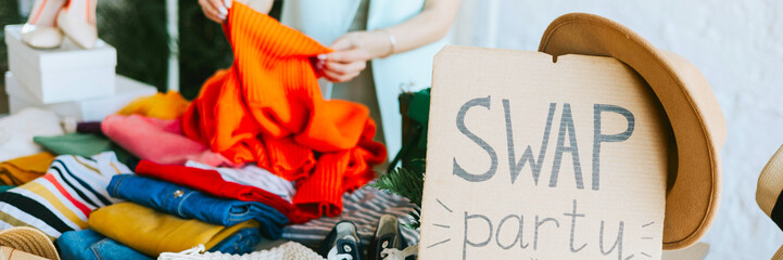 middle aged woman female woman at swap party try on clothes, bags, shoes and accessories, change...