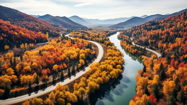 Aerial view of the autumn landscape. Place for travel and outdoor vacation. Generative AI