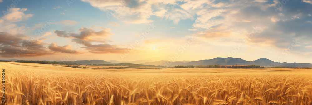 Poster golden straw in the field after the wheat harvest in rays of sunlight at sunset against background o