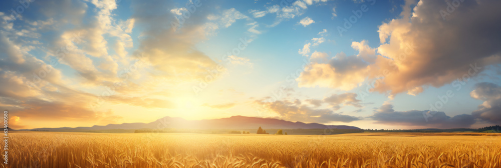 Poster golden straw in the field after the wheat harvest in rays of sunlight at sunset against background o