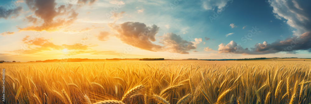 Wall mural golden straw in the field after the wheat harvest in rays of sunlight at sunset against background o