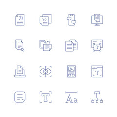 Text line icon set on transparent background with editable stroke. Containing analysis, leaflet, chat, text, click, orientation, copy, text editor, document, scan, essay, typography, file, font.