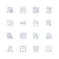 Text line icon set on transparent background with editable stroke. Containing calendar, mail, layout, analysis, copy, rename, orientation, click, enlargement, sheet, save, document, font, text.