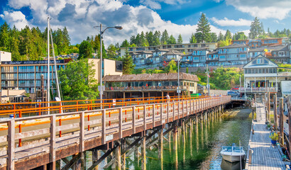 Vancouver Island, Canada - August 13, 2017: Cowichan Bay port and boats on a beautiful summer day.