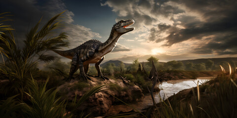Allosaurus. Dinosaur from the Jurassic period with sunset landscape in the background 