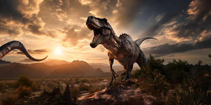 Allosaurus. Dinosaur from the Jurassic period with sunset landscape in the background 