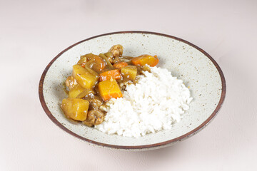 Japanese Curry Rice with Meat, Carrot and Potato. Japanese Food.