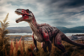 Spinosaurus aegyptiacus. Dinosaur with large teeth and upper spines. Cretaceous predator - obrazy, fototapety, plakaty