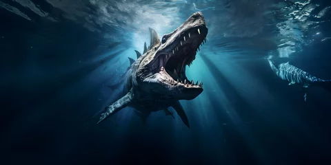 Fotobehang Pliosaurus, marine dinosaur from the Jurassic period. Terrifying marine predator hunting under the sea © David Costa Art