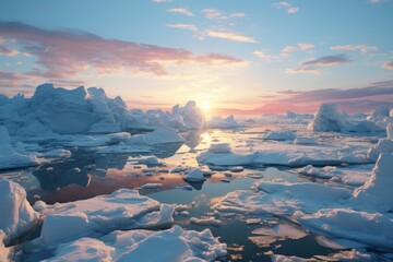 流氷の漂う海と水平線に沈む太陽
