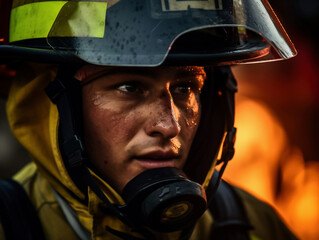 Fotografía de un bombero en entrenamiento, destacando su coraje y determinación.