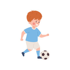 Little boy playing soccer, kicking ball, flat vector illustration isolated on white background.