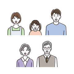 祖父母と並ぶ家族のイラスト