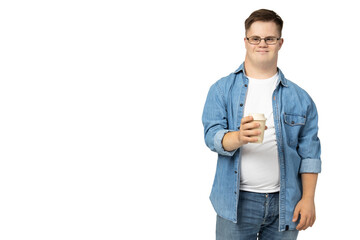 PNG,smiling young man with down syndrome wearing glasses with a cup of coffee in his hand,isolated...