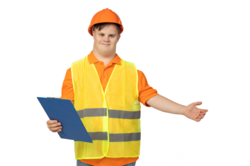 PNG,smiling young man with down syndrome in work uniform with hard hat on his head,isolated on white background