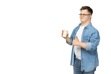 PNG,smiling young man with down syndrome wearing glasses with a cup of coffee in his hand,isolated...