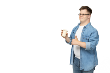 PNG,smiling young man with down syndrome wearing glasses with a cup of coffee in his hand,isolated on white background