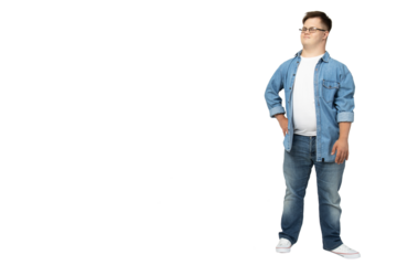 PNG,smiling young man with down syndrome in glasses, jeans and white t-shirt posing for camera,isolated on white background