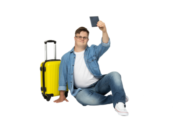 PNG,smiling young man with down syndrome in glasses with suitcase,isolated on white background